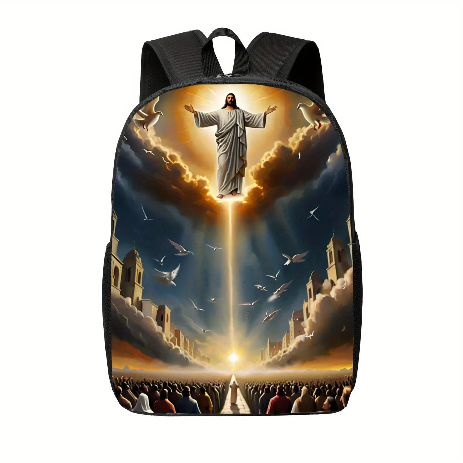 Christian-themed backpack featuring the Ascension of Jesus and the Heavenly Army - a lightweight, foldable backpack with adjustable shoulder straps and zippers, suitable for church, university, travel, hiking, and camping. bookbag