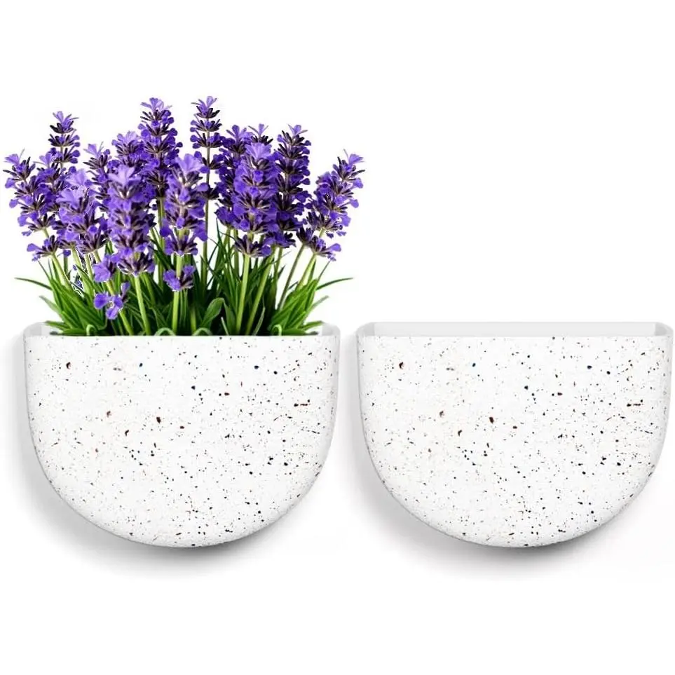 2 Pack Wall  Planter Pots for Indoor and Outdoor , 7 Inch Half-Moon-Shaped Plastic Wall Planter, Wall Mounted Succulent Planters (Speckled White)