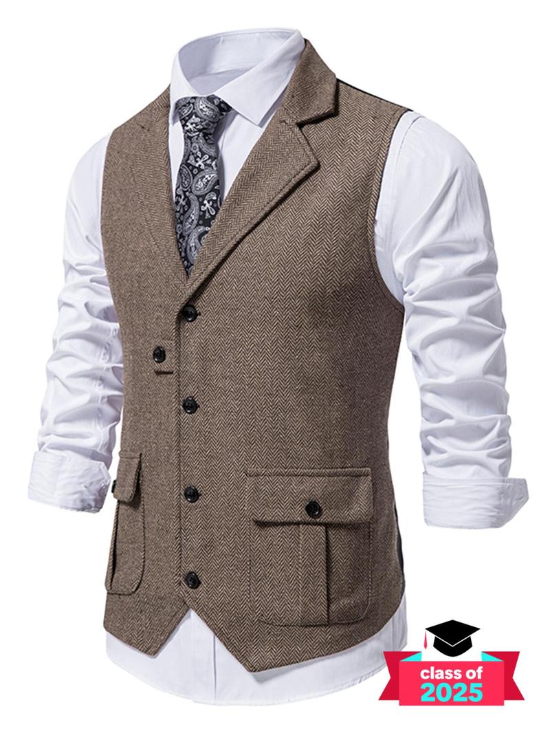 Men's Solid Button Front Pocket Suit Vest, Regular Fit Casual Formal Lapel Sleeveless Suit Vest for Work Office Business, Men's Clothes for All Seasons