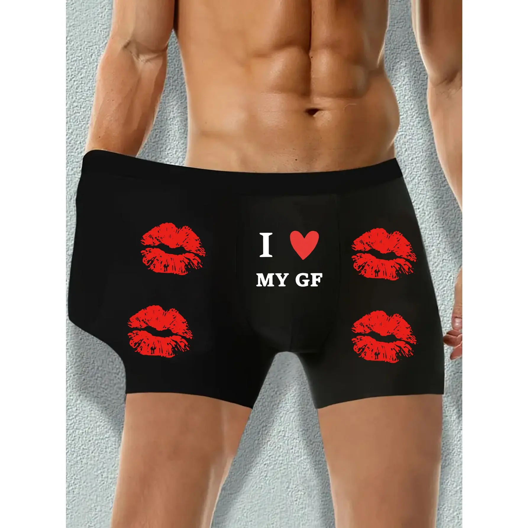 Men's Boxer Shorts - 1 Pair, "I LOVE YOU, MY GIRLFRIEND, MYGF" Heart Print, Machine Washable, Ultra-Soft Polyester, Highly Elastic, Lightweight, Casual Wear
