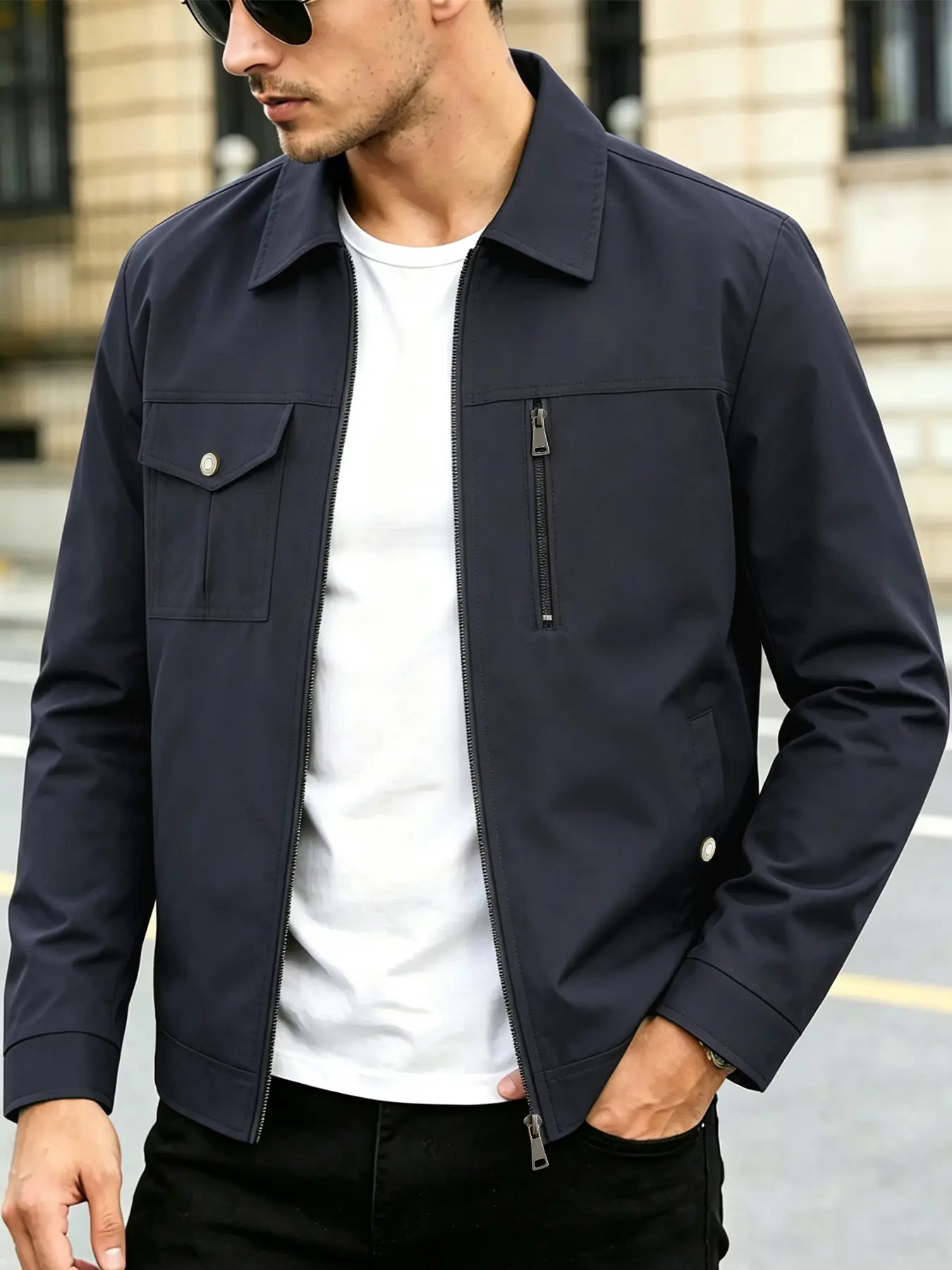 Men's casual jacket with zipper closure - zipper chest pocket and side seam pockets design, lightweight business collar jacket, polyester fiber fabric easy to maintain, suitable for daily outings, sports and formal wear - spring and autumn seasons