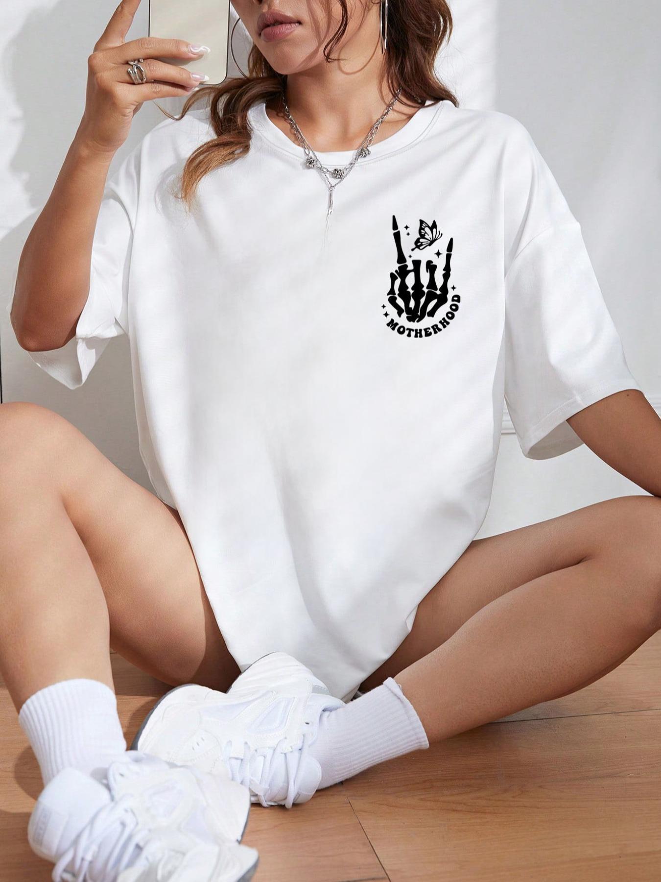 Women's Skull & Letter Graphic Round Neck Tee, Casual Fashion Drop Shoulder Half Sleeve T-Shirt, Tops for Daily Wear, Ladies Clothes for All Seasons