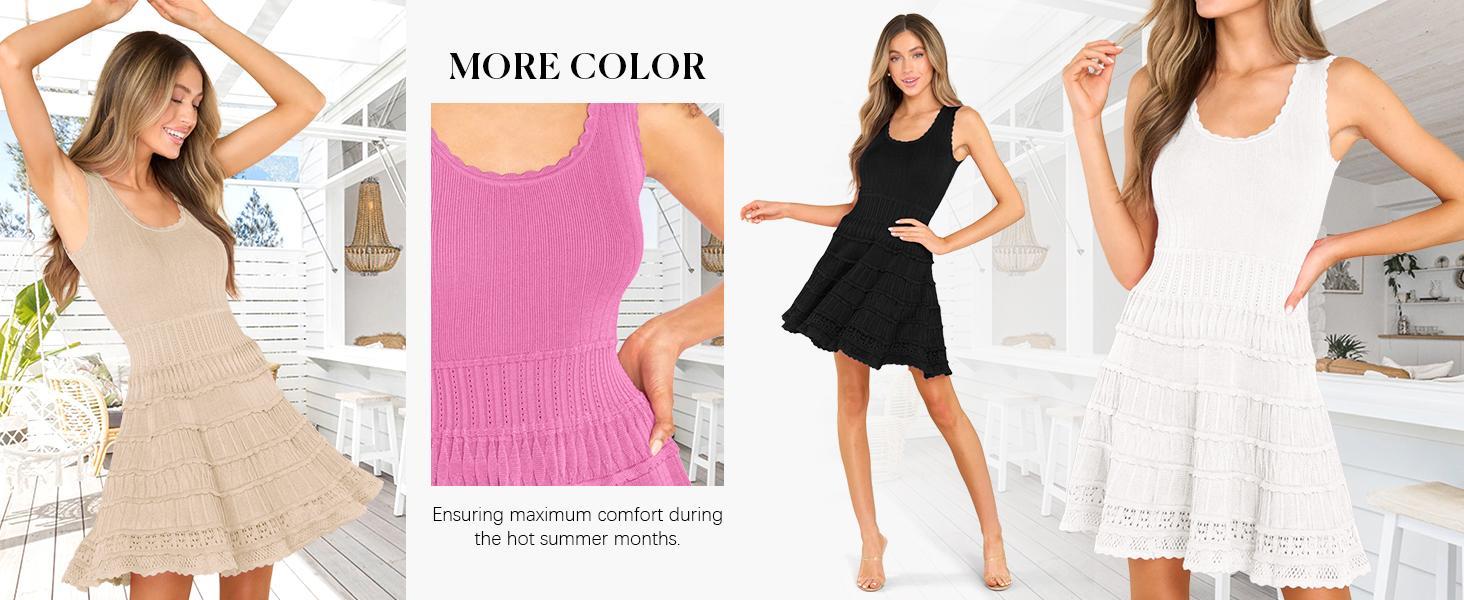 Fashare Womens Summer Mini Dresses Casual Crewneck Knitted Crochet Hem Flowy Tank Sundress  Sleeveless sundress prom dress