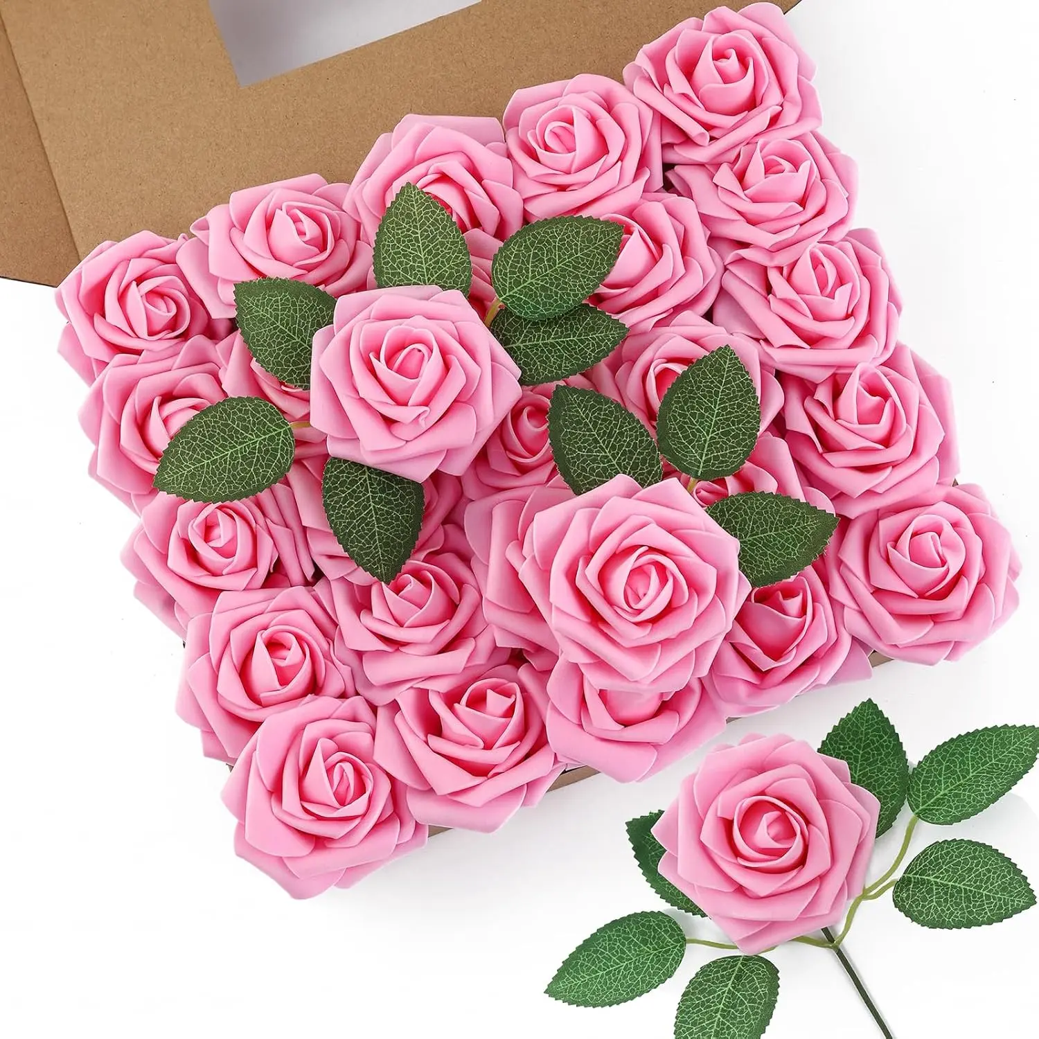 50pcs Artificial Roses Flowers with Stems - Real Touch Lifelike Fake Roses Bouquet, 8" Long Foam Petals & Plastic Stems with Green Leaves, DIY Wedding, Baby Shower,, Bulk Fake Flowers for Centerpieces, Arrangements (Pink, Multi
