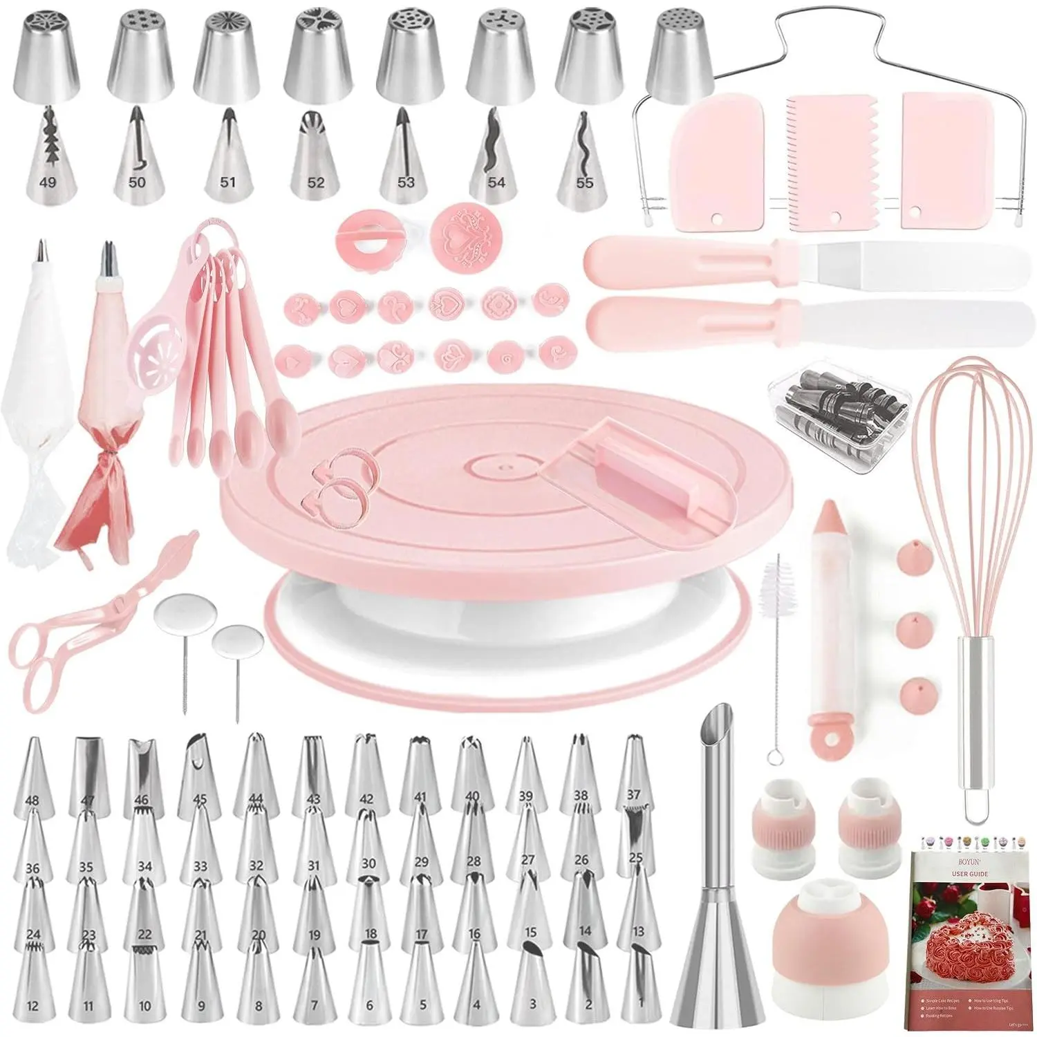 137pcs Light Pink Cake Decorating Kit, Complete Cake Baking Supplies with Cake Turntable, Pastry Piping Bag, Russian Piping Tips Baking Tools for Beginners