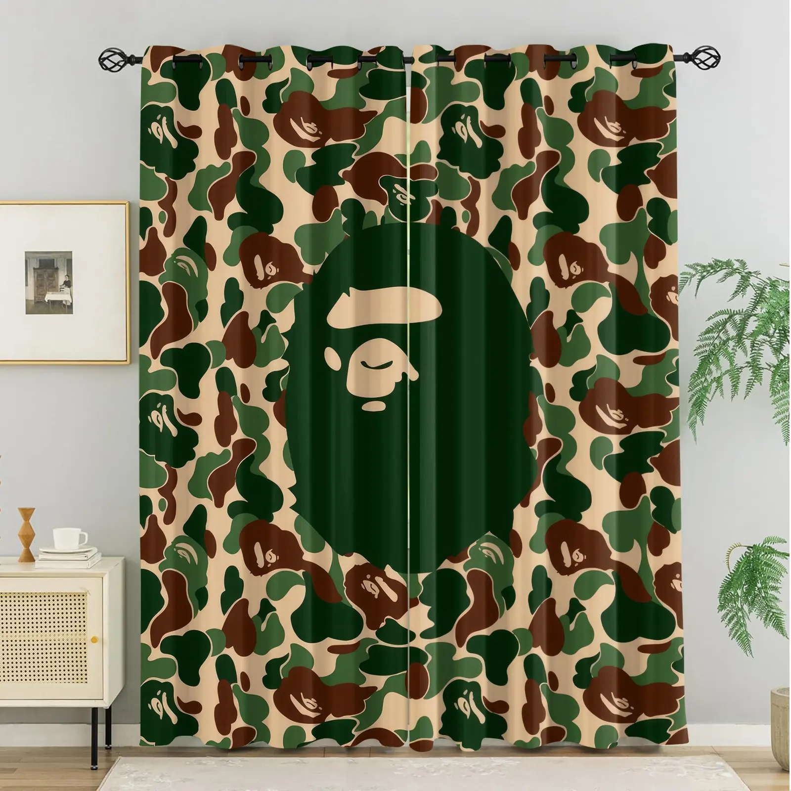 2Pcs Streetwear Style Camo Print Curtains, Trendy Ape Head Graphic Blackout Curtains, Aesthetic Urban Military Pattern Window Drapes, Perfect for Boys Bedroom, Gaming Room, and Dorm Decor, Durable Material, Machine Washable, Easy Installation 2-Pack