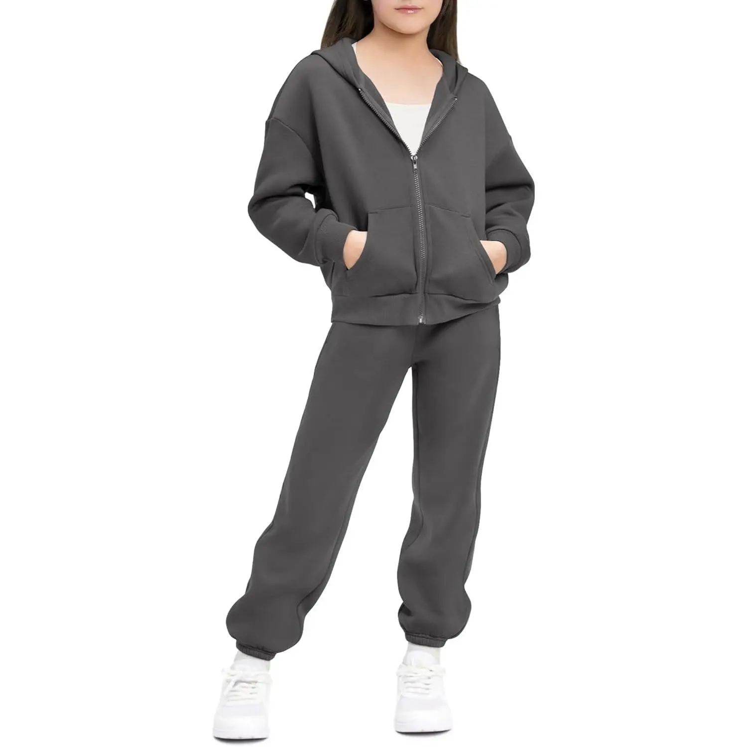 Girls' 2-Piece Fleece-Lined Sweatsuit Set (5-15Y) - Full Zip-Up Hoodie with Pockets, Easy Pull-On Joggers, Thick Warm Cozy, Cotton Blend Casual Girlset for Everyday Wear