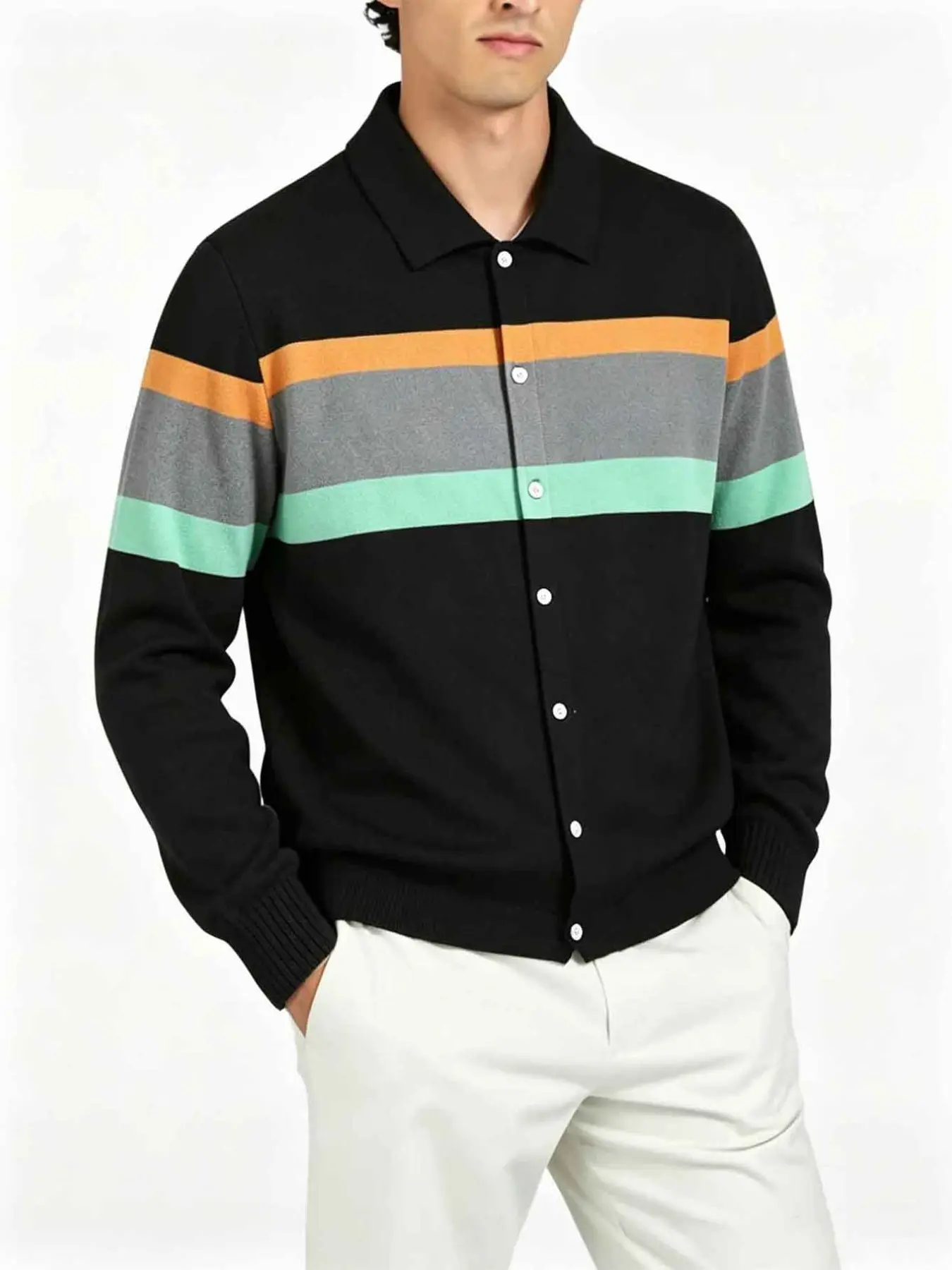 1 Pc Men Polo Collar Knit Cardigan, Retro Color Block Striped Style, Long Sleeve Button Front, Soft Skin Friendly Fabric, Ribbed Cuff & Hem, Versatile Layer Jacket, For Daily Commute Weekend Streetwear