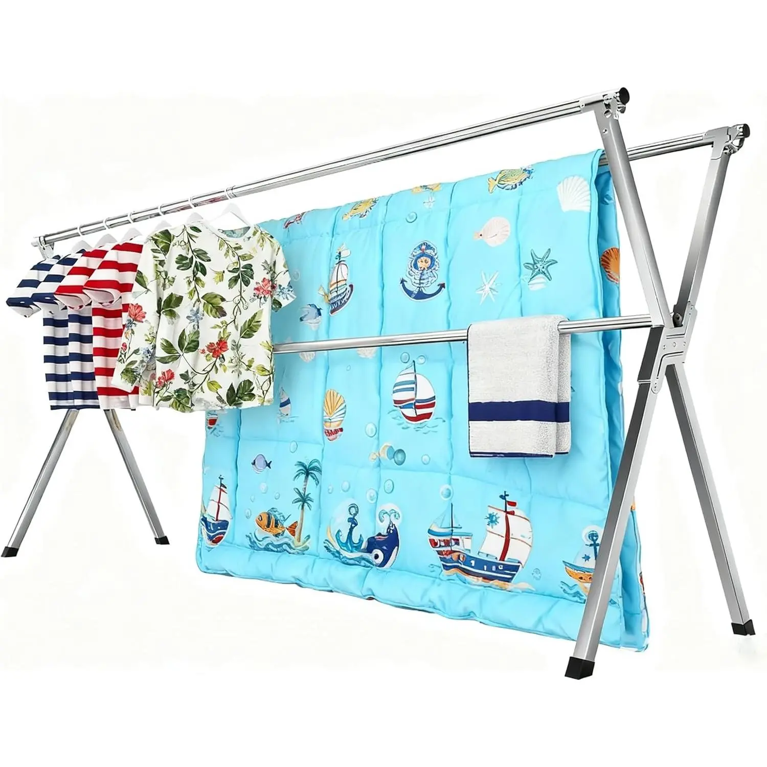 Updated Version Stainless Steel Clothes Drying Rack Length Adjustable Saves Space with Windproof Hooks for Indoor Outdoor and Balcony