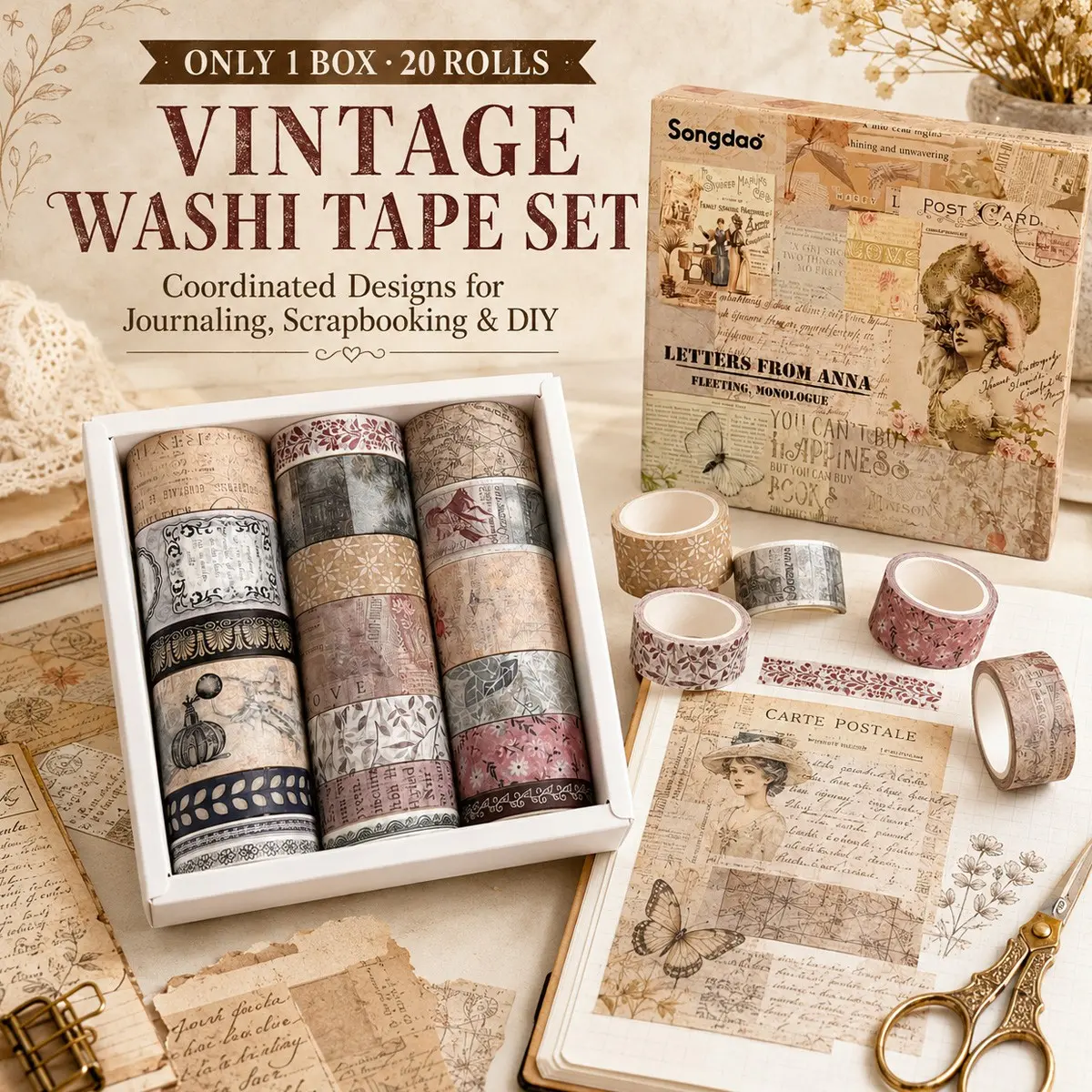 1pc Vintage Aesthetic Washi Tape Set, European Oil Painting Style Decorative Tape, Anna Theme, Handmade DIY Craft Supplies, 20 Rolls