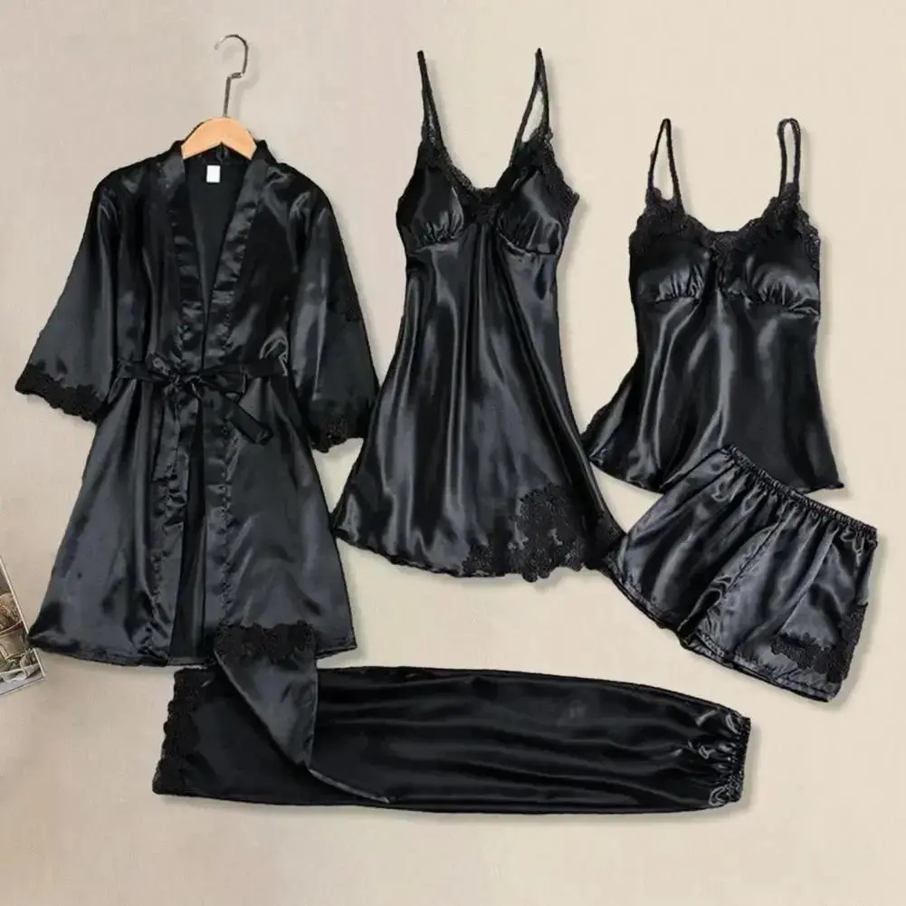 5 Pieces Night Pajamas Set Satin Home Women Nightdress Lace Robe Sleep Suit Cami Vest Cardigan Trouser Sleepwear Gown Lingerie