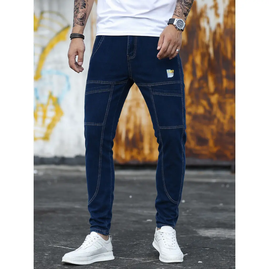 Men's Cargo Jeans Casual Denim Pants, Dark Blue Slim Fit Trousers with Multi Pocket Design, Streetwear Style Workwear Pants for Men, Comfortable Stretch Fabric Fashion Clothing for Daily Wear and Outdoor Outfit