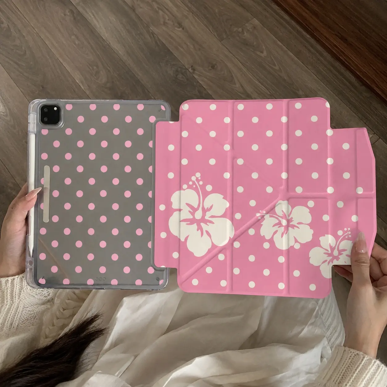 Vibrant Pink Polka‑dot Floral Tablet Case for iPad 11 Gen(A16), iPad 10, AIR, PRO, with Pencil Holder, MatePad, Xiaomi, REDMI, Minimalist Tablet Case, Auto Wake/Sleep Supported