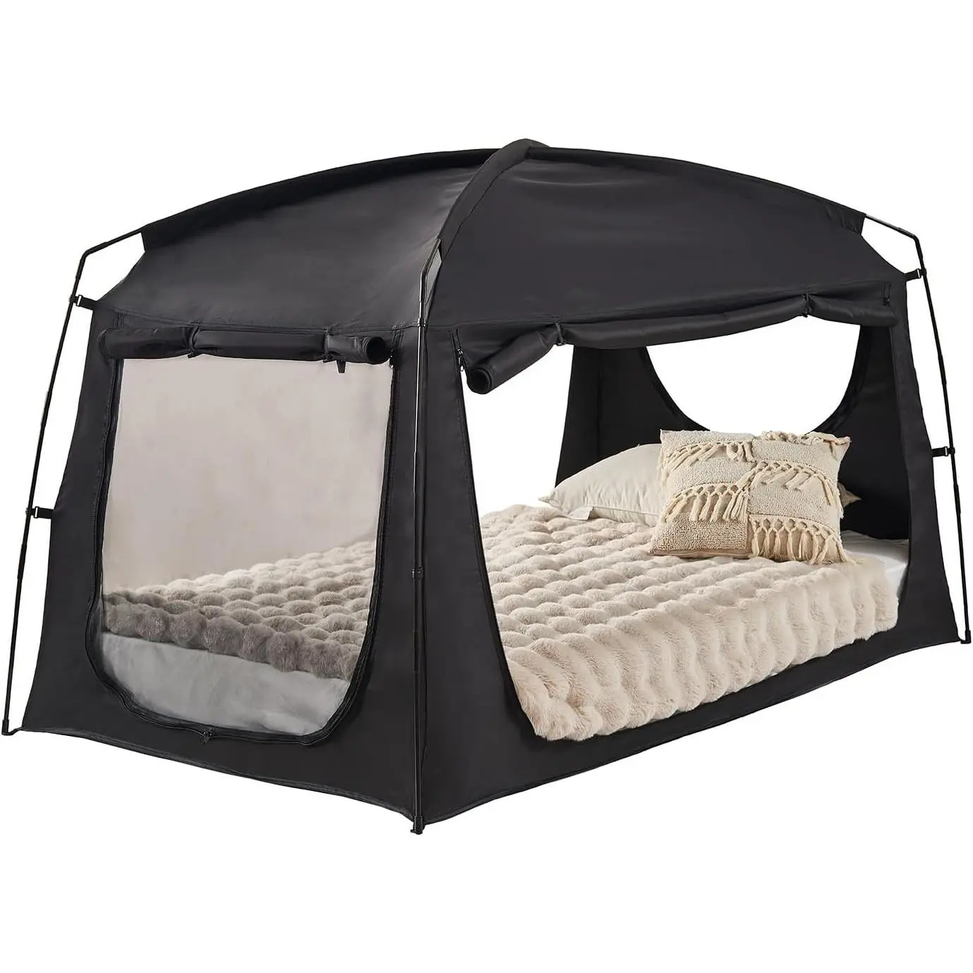 Privacy Sleep Indoor Bed Tent for Adults Kids, Portable Blackout 90% Canopy Tents with 3 Doors Breathable Mesh Windows