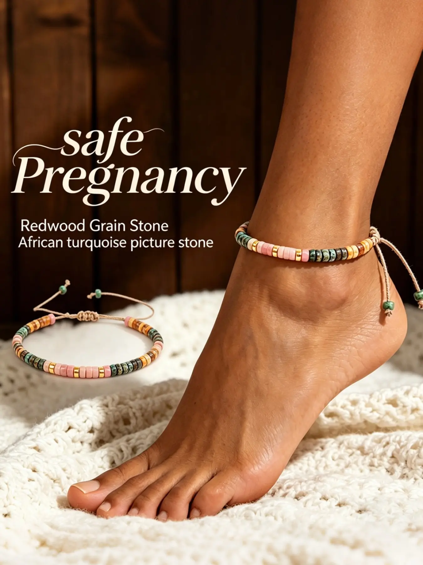 Natural Redwood Grain Stone Beaded Anklet, Adjustable Comfort Fit Woven Foot Bracelet, Calming Energy Jewelry for Expectant Mothers