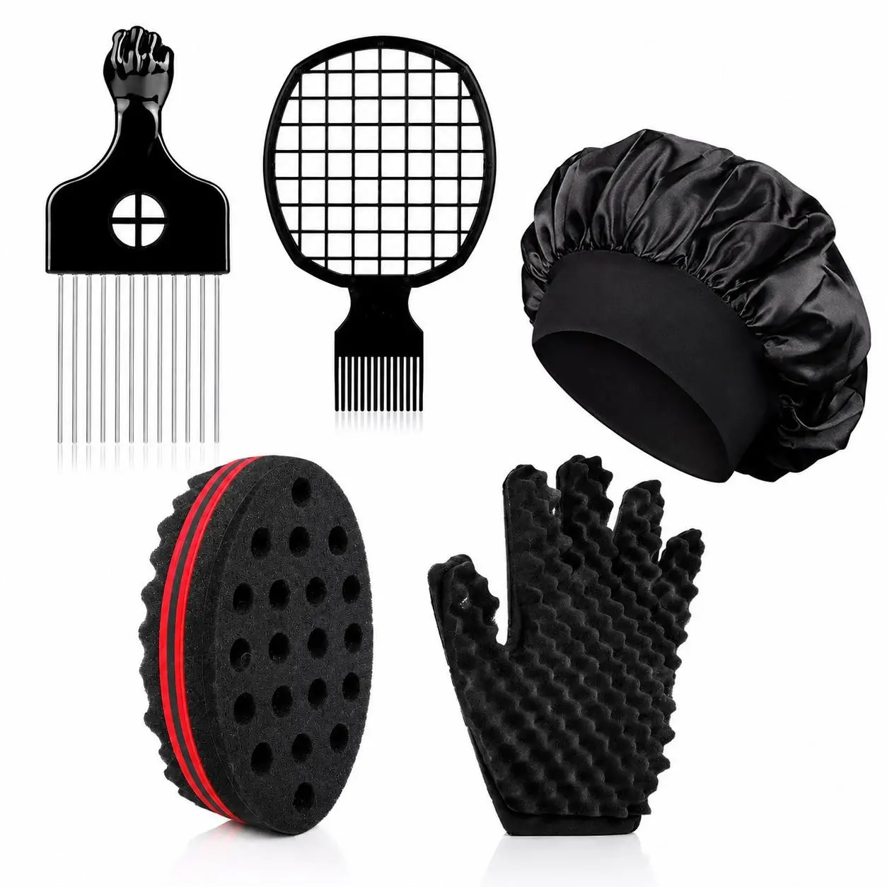 5PCS 4C Hair Twist & Styling Set, Heatless Styling Tools for Men & Women with Lift Pick, Grid Twist Comb, Twist Sponge, Sponge Glove & Satin Bonnet, Defines Coils & Twists, Adds Root Lift & Volume, Reduces Frizz, for Afro, Curly, Coily Hair, Home & Travel