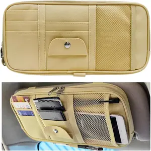 Car Sun Visor Organizer, Double Zipper Leather Visor Storage Pouch with Multi-Pocket, Sunglass Holder Storage Pocket with Elastic Band Cars SUVs Trucks, Car Accessories (Beige)