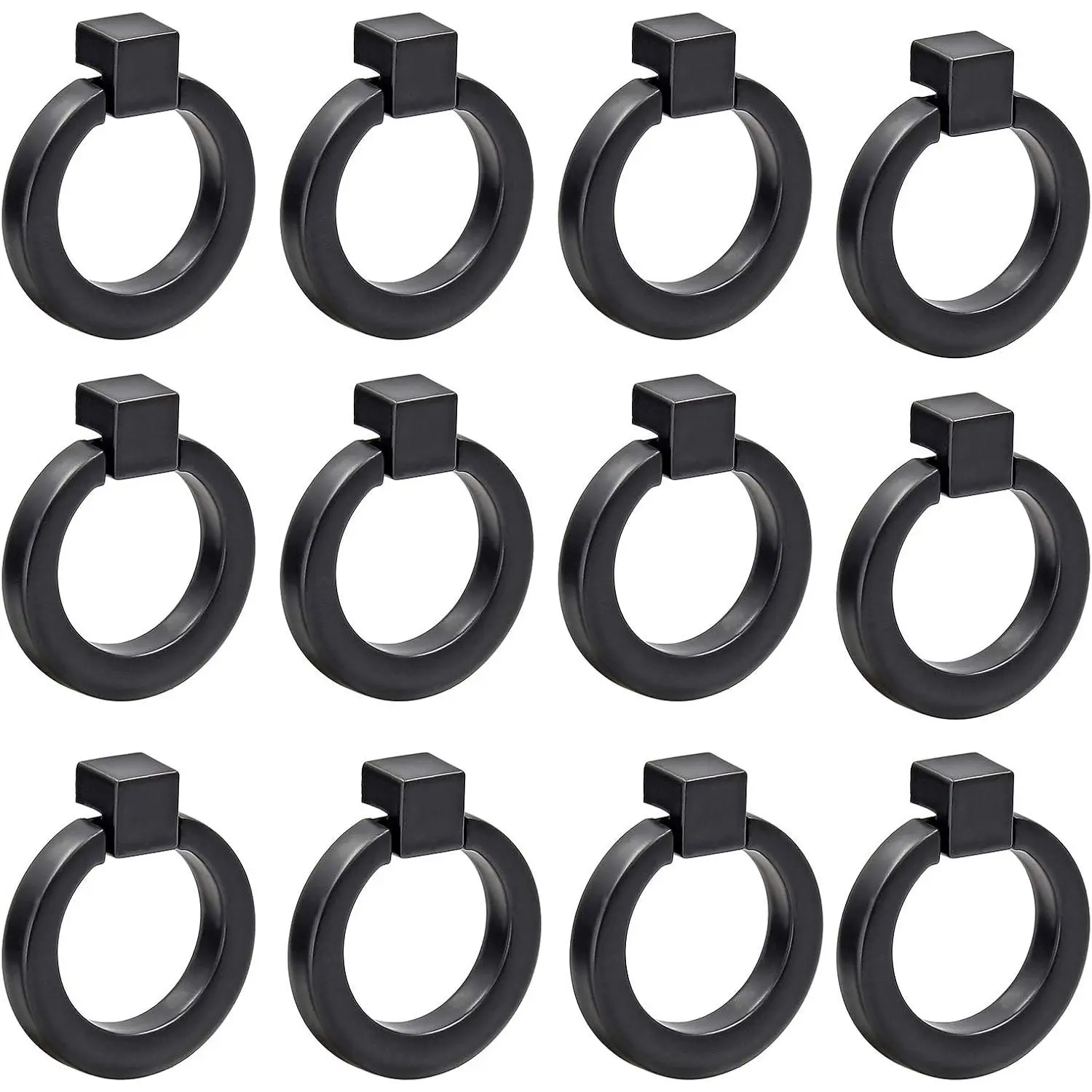 12 count Round Cabinet Ring Pull Handles Single Hole Ring Knobs for Cabinet Drawer Dresser Cupboard Wardrobe, Matte Black