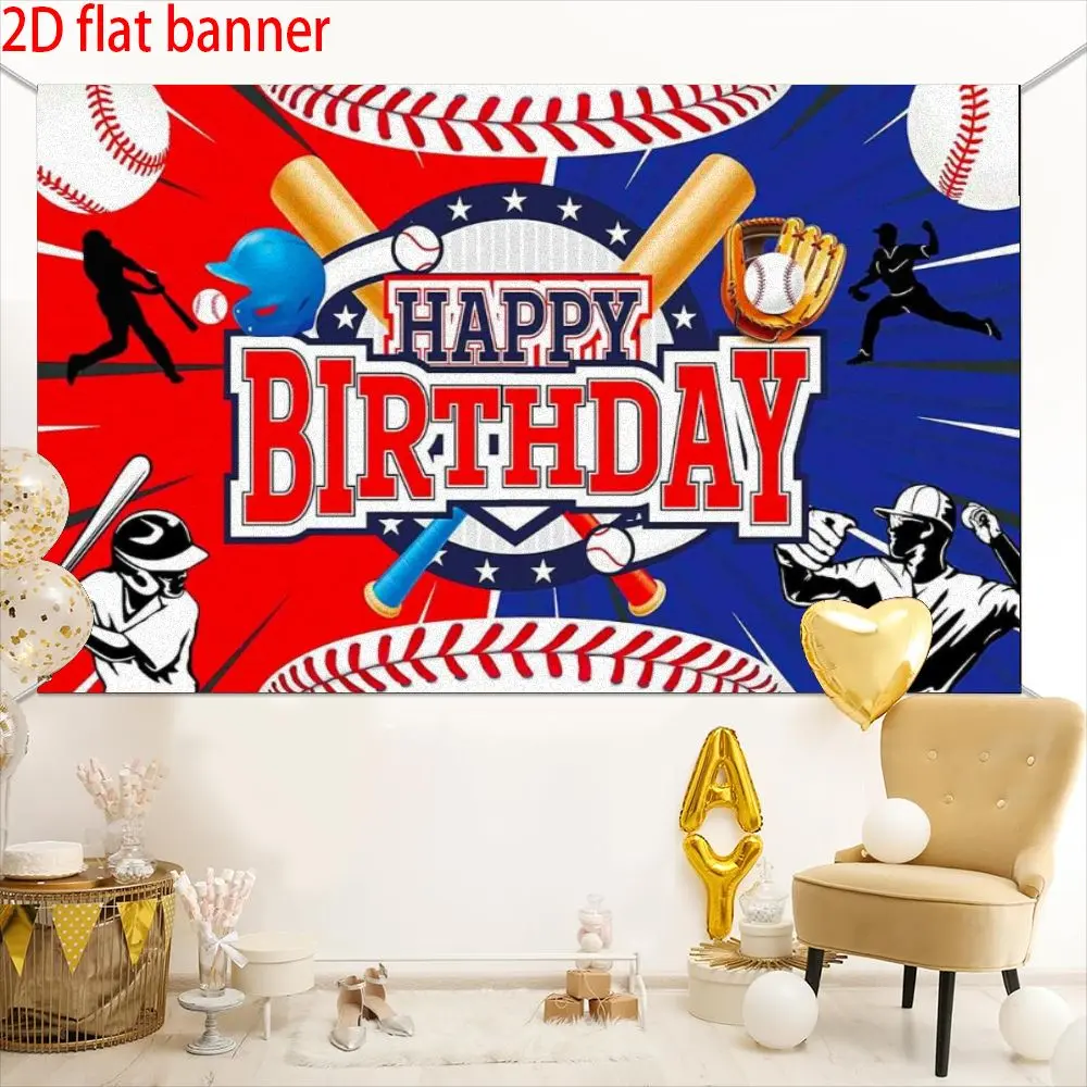 1pc， Red and blue baseball themed birthday background banner, made of polyester material, suitable for living rooms, bedrooms, offices, birthdays, anniversaries, home decor, outdoor and indoor parties, photography background fabric