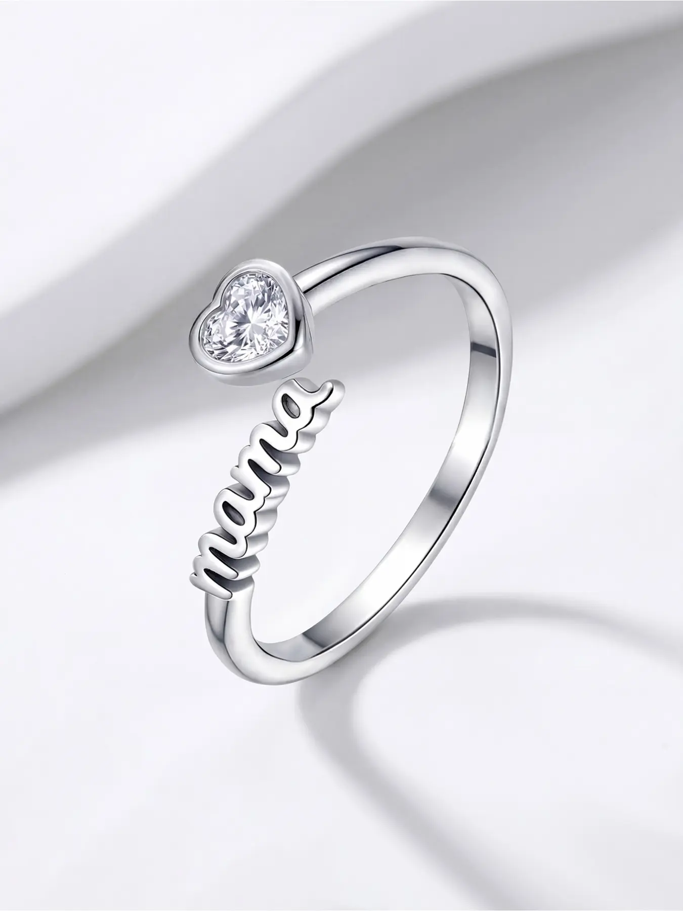 Elegant Silver-Plated Adjustable Ring with "Mama" Text and Heart Zircon, Minimalist Style for Everyday Stacking or Mother’s Day Gifting