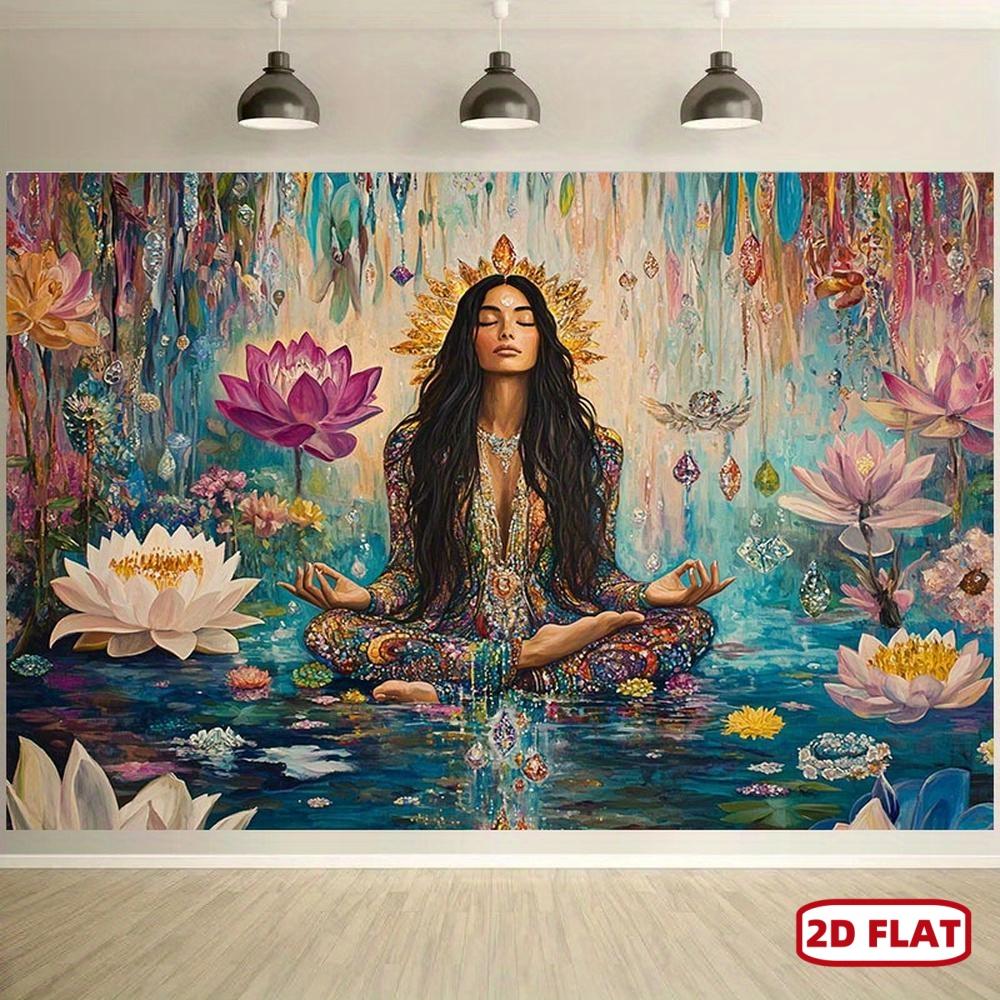 2D Flat Mystical Meditation Lotus Tapestry Vibrant Spiritual Wall Art with Serene Woman in Pose Colorful Flowers Butterflies Perfect for Christmas New Year Special Occasions Polyester Decor, Flat 2D, One-Piece