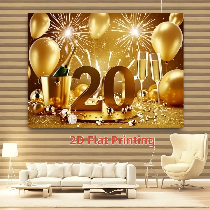 1PC 2D Flat Gold Fireworks Champagne Numbers 20th Anniversary Birthday Party Backdrop Polyester Fiber Suitable for Living Room Bedroom Office Birthday Anniversary Home Decor Indoor and Outdoor Party Photography