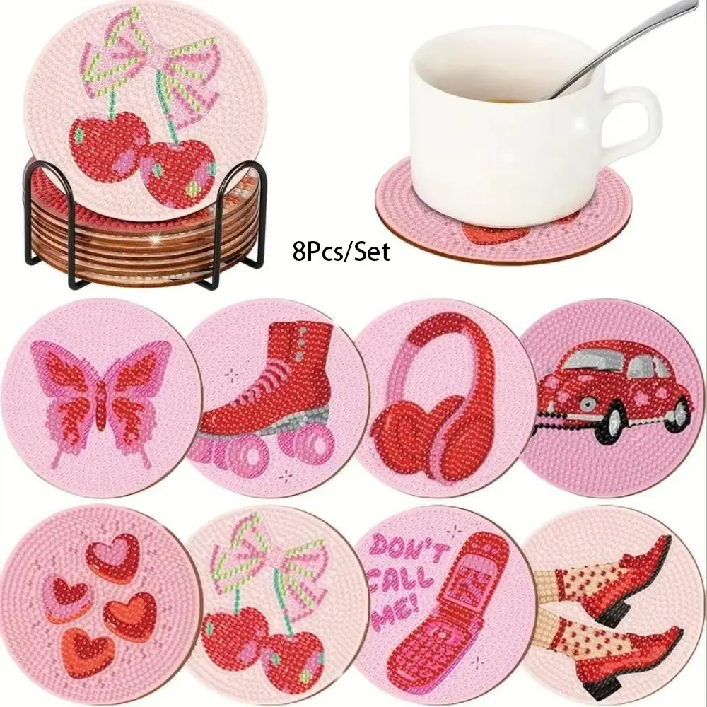 Valentine's Day Diamond Painted Coaster Set, Sparkling Rhinestone Heat Resistant Drink Mats with Stand, DIY Craft Kit for Beginners, Diamond Painting Coasters