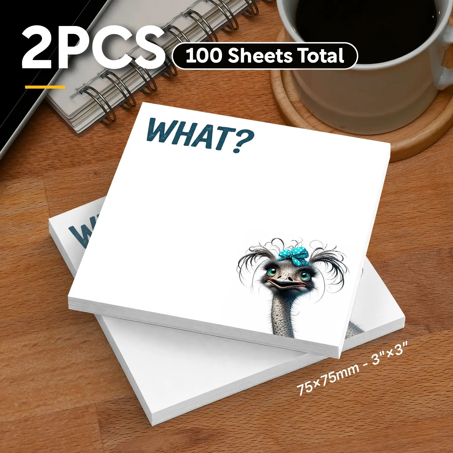 2 Pcs Funny Ostrich Meme Sticky Notes 100 Sheets, "WHAT?" Viral Animal Self-Stick Memo Pads, Cute Weird Bird Notepad, Removable Adhesive Notes for Planner To-Do List School Office Versatile Use