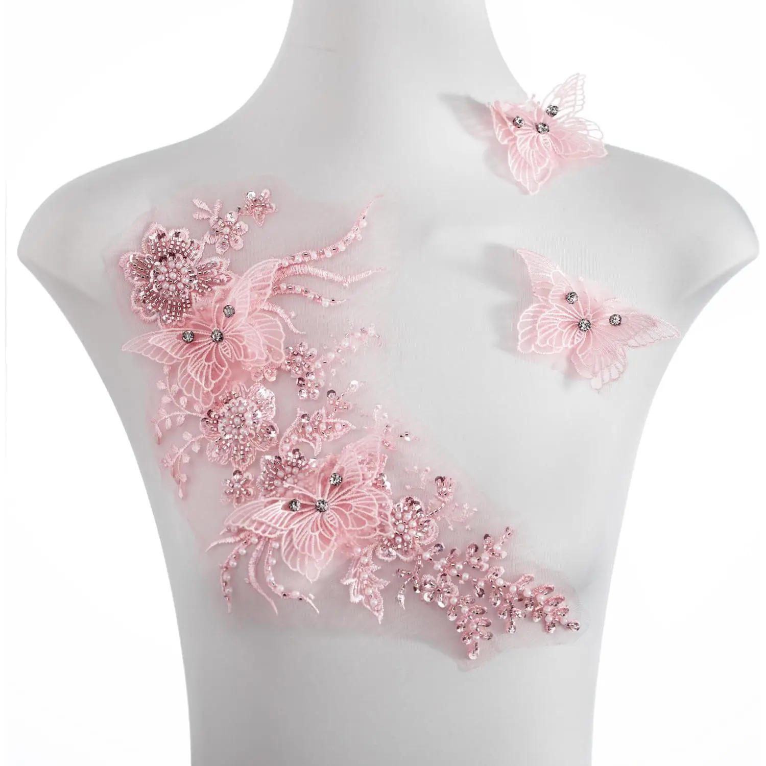 Flower  Fabric Rhinestones Beaded Lace Applique, Butterfly Embroidered Lace Patch for Clothes,Dress ()