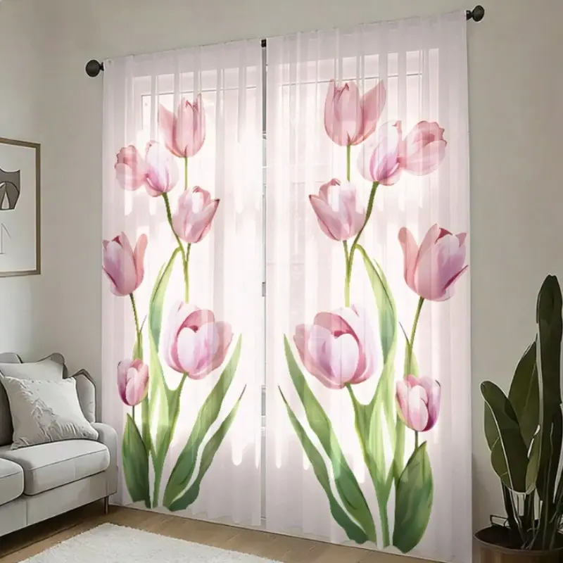 2-piece tulip-pattern semi-transparent curtains, suitable for living room, bedroom and home decoration. Hand washable, hookless, made of polyester. Also suitable as a gift.