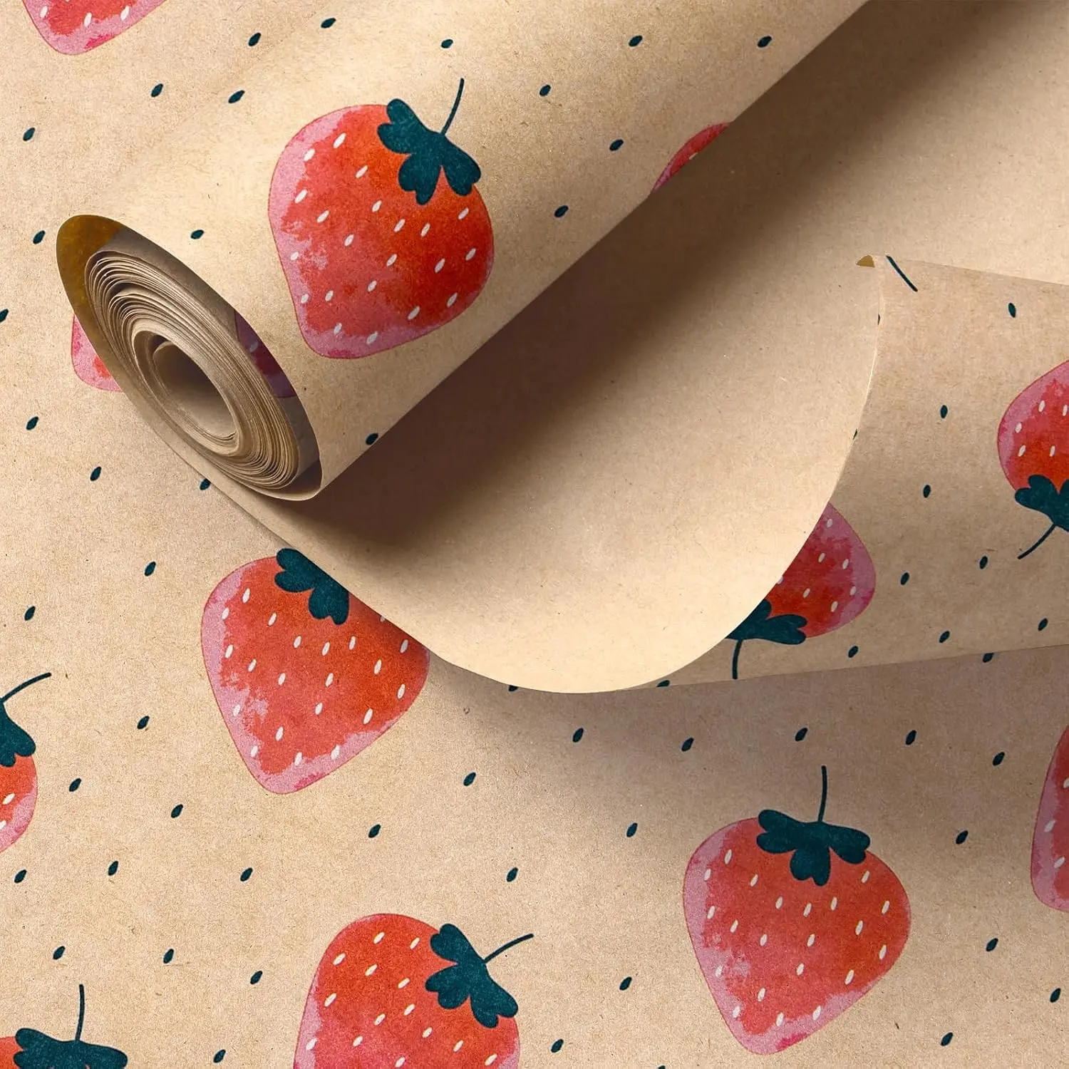Strawberry Wrapping Paper Roll, Mini Roll, Kraft Wrapping Paper with Strawberry Design Great for Boys Girls, Birthday Party, Baby Shower, 17 Inches x 32.8 Feet