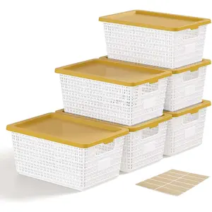 Storage Bins Bakets with Lids 6 Pack, Stackable Organizer Bins for Small Spaces, Pantry, Closet & Bathroom, Secure Snap Lids, 11x7x5 Plastic Storage Containers for Shelf Organization, White