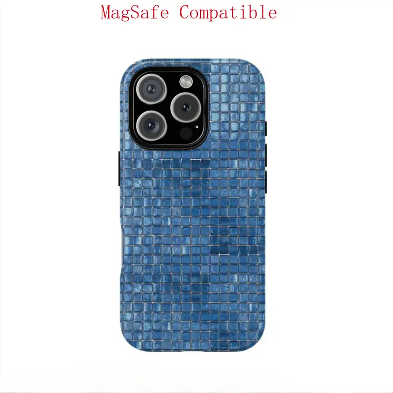 【Magnetic Compatible】This blue mosaic-textured dual-layer protective case is a durable 2-in-1 device suitable for iPhone 17/16/15/14/13/12/11 Pro Max/Plus/Pro and Samsung Galaxy S25/S24/S23 Ultra series. It features a simple and stylish design.