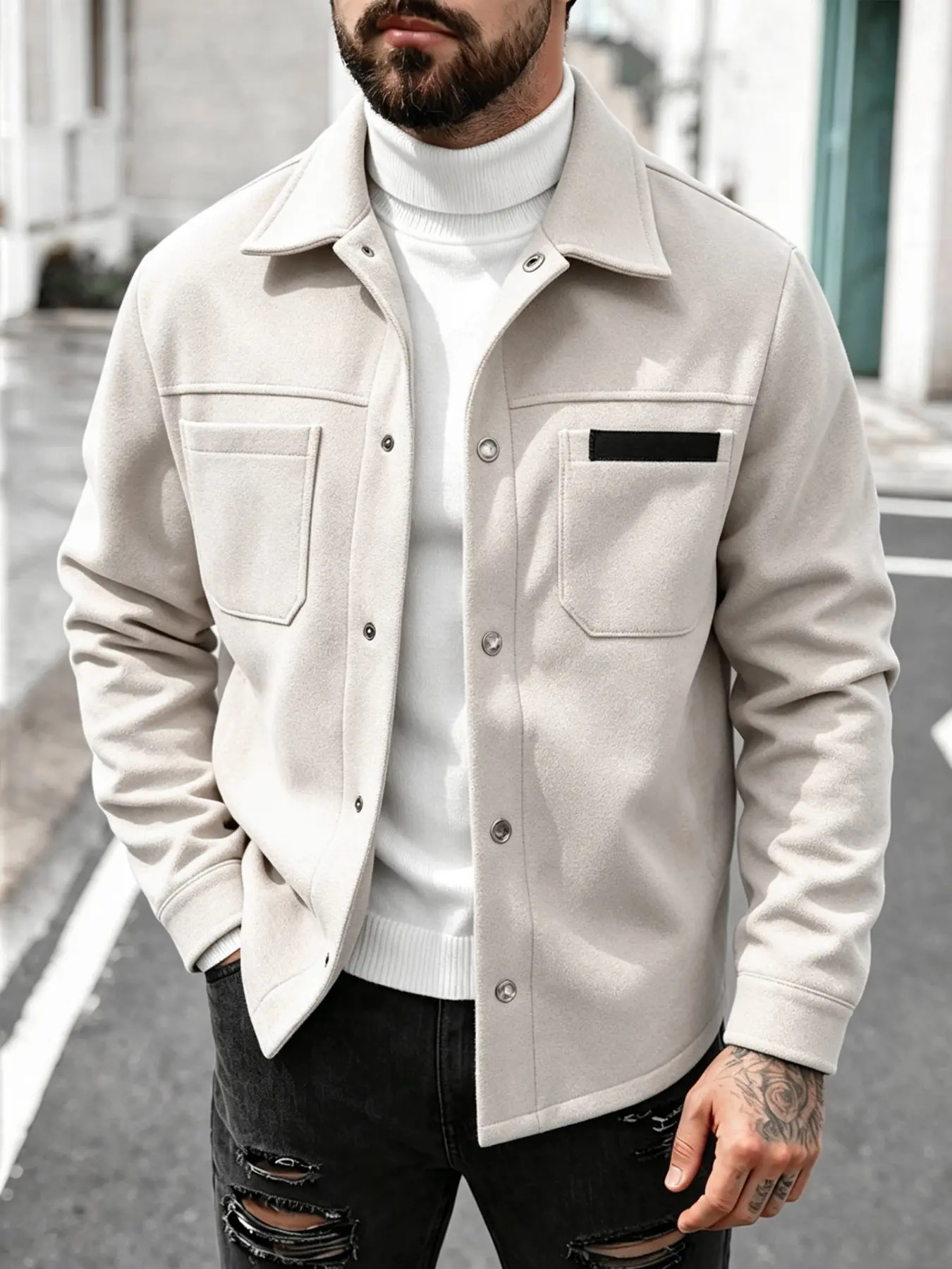 Men's wool-blend jacket; lightweight, short-style coat; available in multiple colors; unlined; suitable for a sophisticated look.