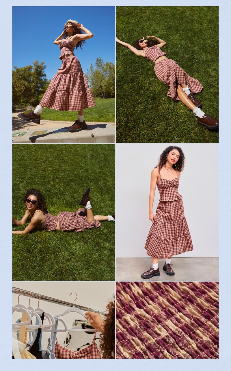 Cider [3 colors, size 0-26] Gingham V-neck Cami Top & High Rise Midi Skirt, Woven Sets for Office School Vacation, Summer Tartan Outfits for Women