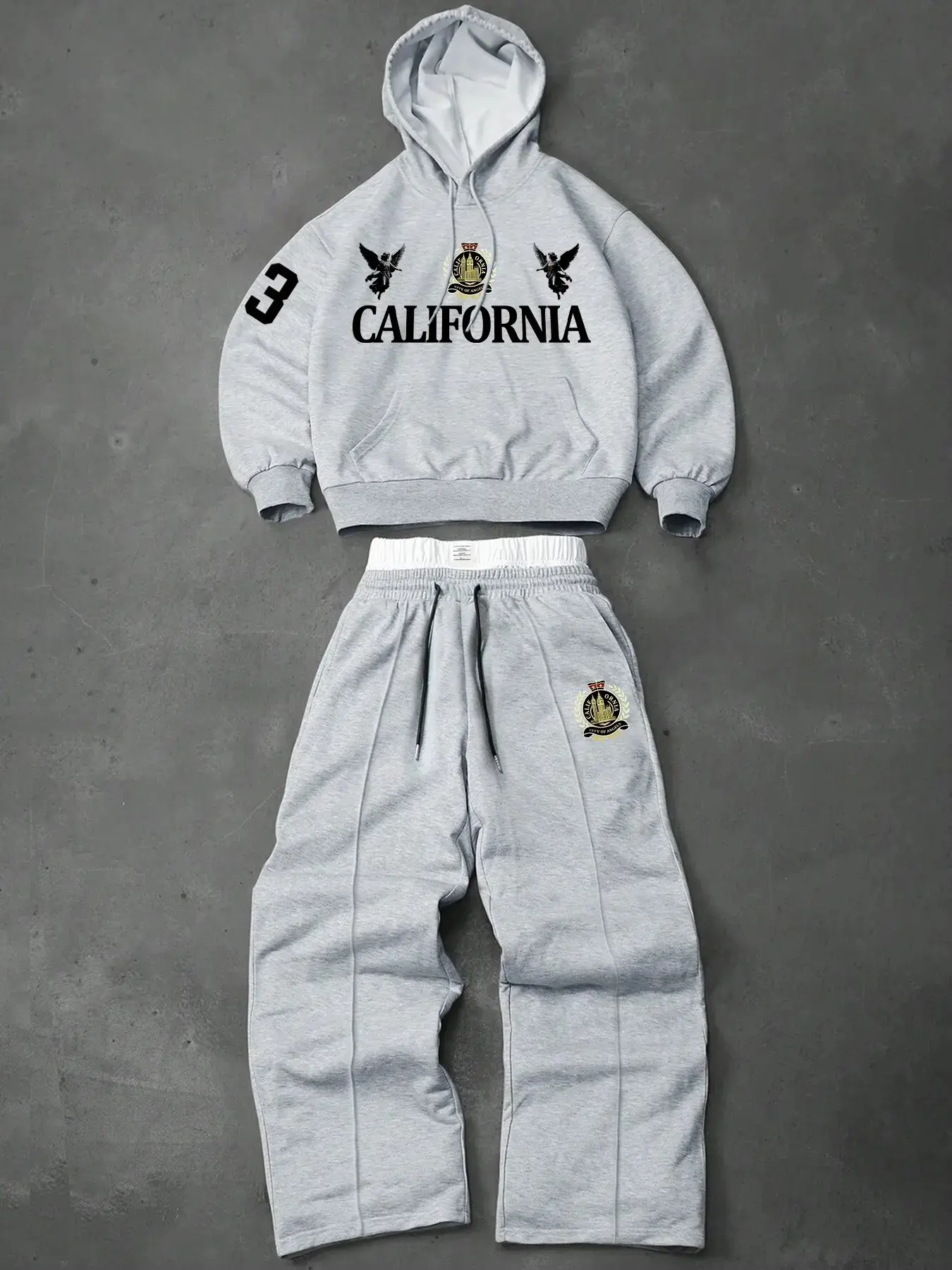 Men's California Angel Badge Hoodie and Wide Leg Pants Set, Vintage High Street Casual Sports, Loose Fit Short Sleeve