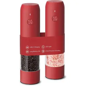 Pepper , Rechargeable Salt and Pepper  with 6 Adjustable Coarseness, LED Light, Automatic Salt and Pepper Shakers, Cooking Gifts Valentines Day Gifts for Women, Crimson Red