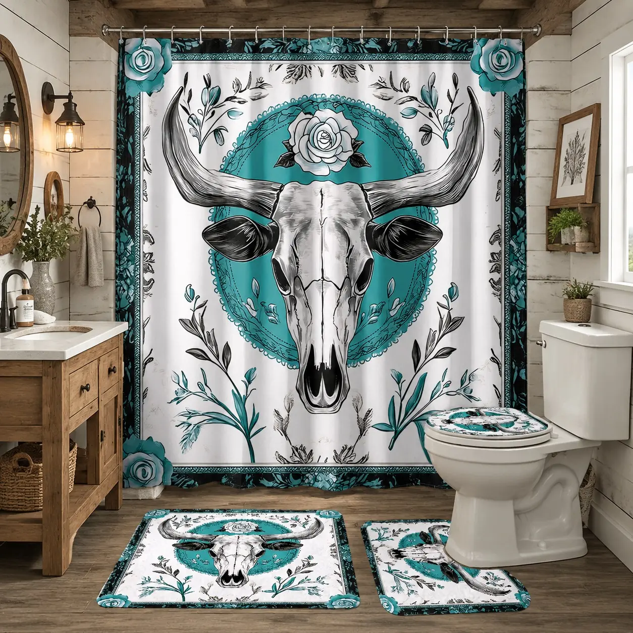 4pcs Western Cow Skull Teal Floral Rose Shower Curtain Set, Vintage Country Botanical Border Bath Mat Toilet Seat Cover Combo,The floor mat fabric is thicker and softer!  Bohemian Thanksgiving Cabin Farmhouse Bathroom Decor Kit