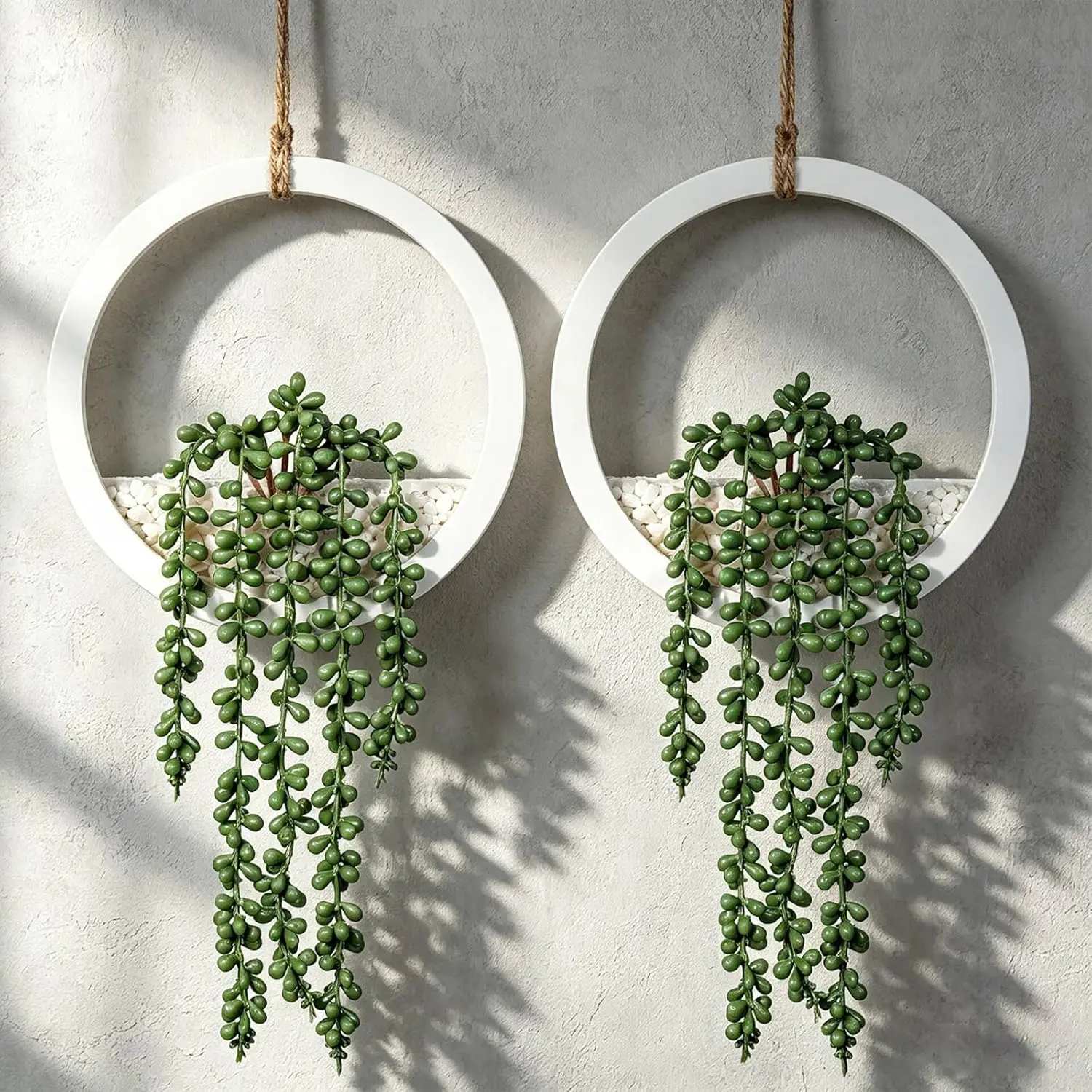 Boho Wall Decor, 2Pcs Fake Hanging Plants Artificial Succulents, Indoor Hanging Planter Greenery Decor, Perfect for Bathroom Living Room Bedroom Office Washroom, Faux Succulent Wall Floating Plants