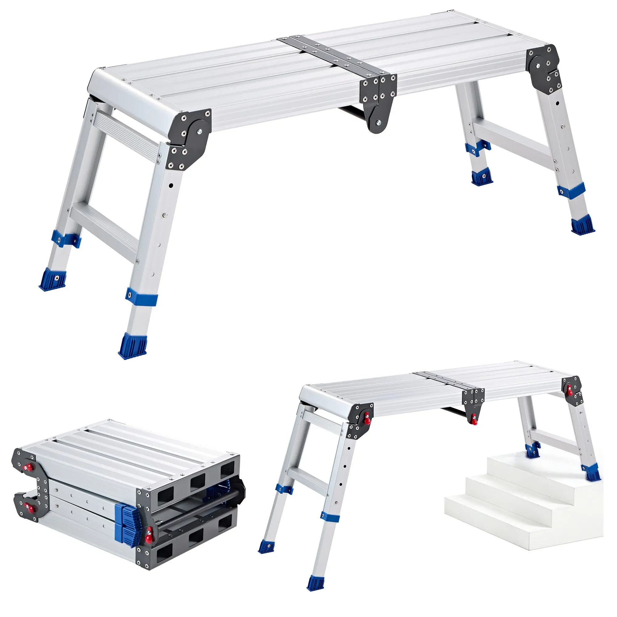 VEVOR Folding Work Platform, Adjustable Height 14.2-20 in, 500 lbs Capacity Aluminum Step Stool, Heavy Duty Non-Slip Platform Ladder, Portable Work Bench for Painting, Cleaning, Home Professional