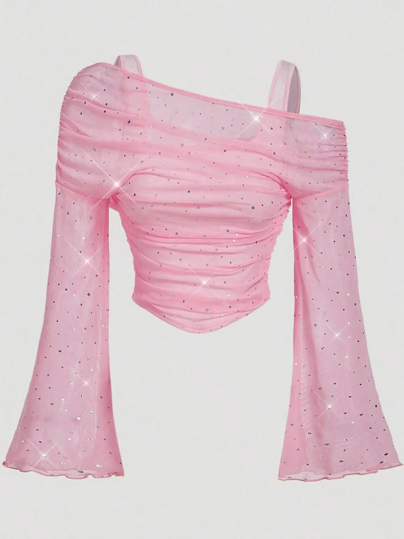Girls' Sequin Mesh Asymmetrical Shoulder Bell Sleeve Top, Sweet Cool Y2K Style, Party Music Festival Daily