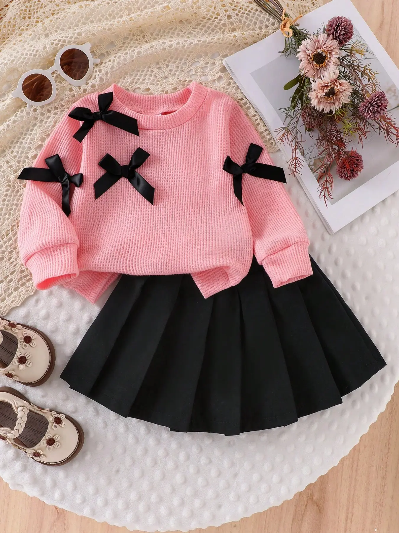 Baby Girl 2-Piece Set, Ruffle Decorated Round Neck Long Sleeve T-Shirt, Pure Pleated Skirt, Casual Spring & Fall, Plain Bottoms Baby Girl Clothes