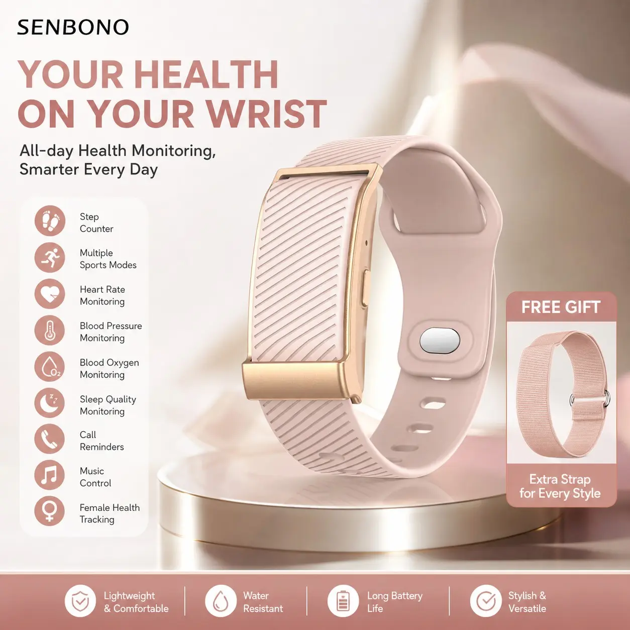 SENBONO Smart bracelet Sports health band, multi sports modes + BP/SpO2, 24h HR monitoring, instant social alerts, sedentary & drink dual reminders, long battery.