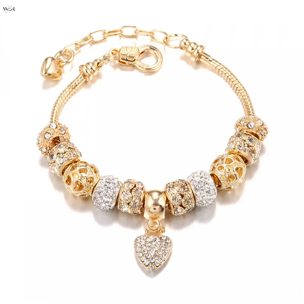 19cm+4cm Adjustable Gold Snake Chain Charm Bracelet Pave Crystal Heart Pendant Assorted Rhinestone Beads Luxury Daily Wrist Jewelry Romantic Valentine Birthday Gift for Women Ladies