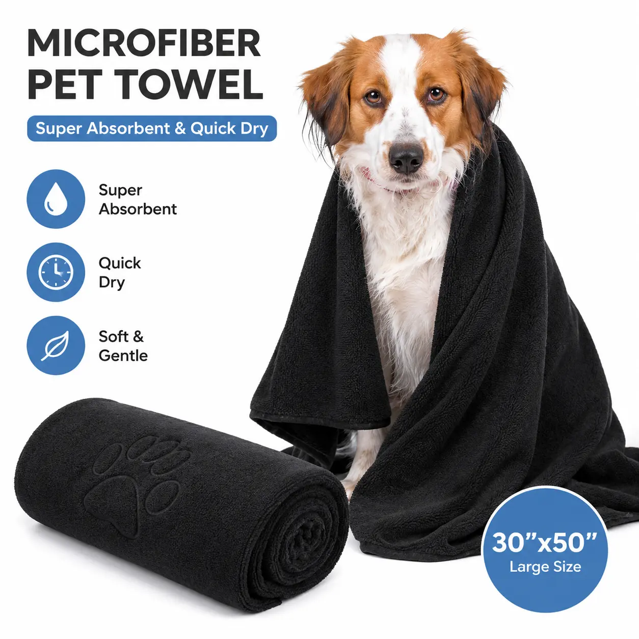 Super Absorbent Microfiber Dog Towel with Hood Soft Quick Dry Pet Bath Drying Towel 30x50 Inch for Dogs and Cats with Paw Print Embroidered Grooming Towel