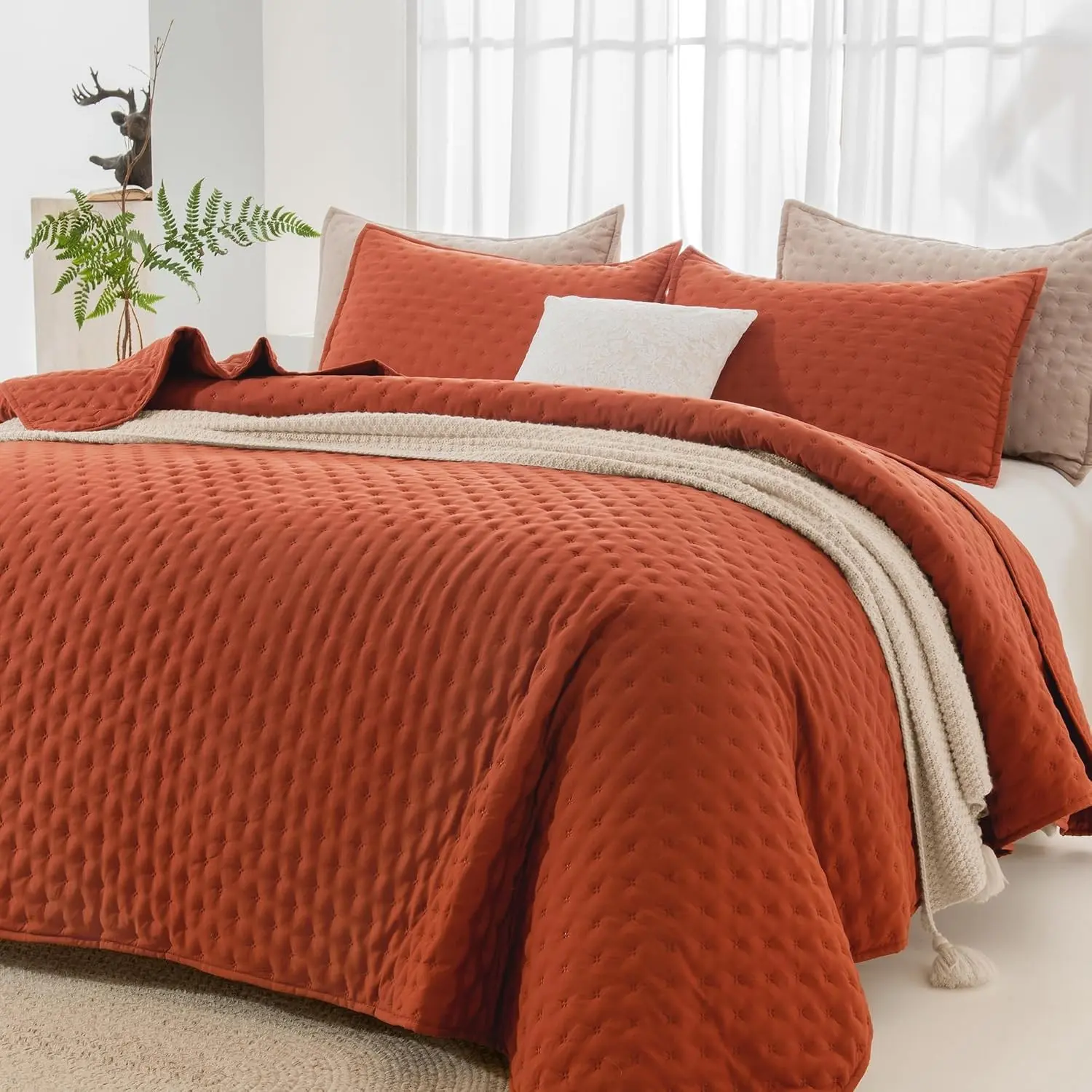 California King Size Quilt Bedding Set (112x104 Inch), 3 Pieces Burnt Orange Soft Lightweight Bedspread Coverlet, Terracotta Boho Summer Quilt Cal King for All Season
