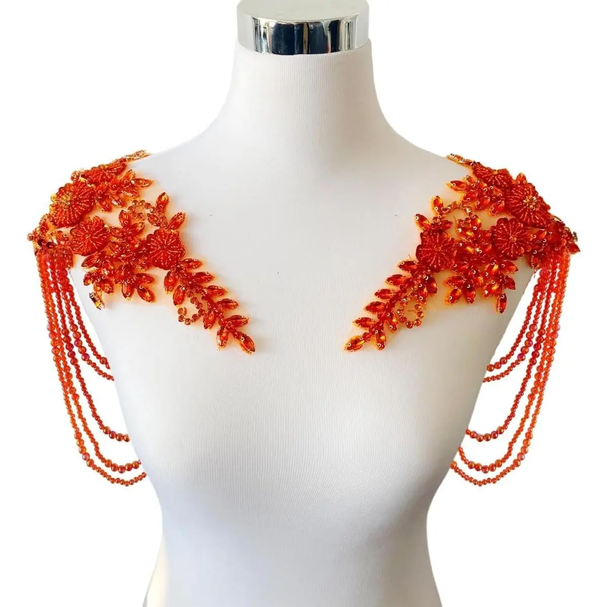 1 Pair Beaded Tassel Rhinestones Applique Embellishment for Clothes Epaulettes Shoulder Patches Sew-on Diamond Sequin Applique for Wedding Dress DIY Accessories (Orange)
