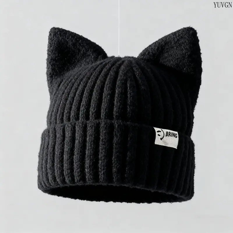 Cute 3D Cat Ear Winter Beanie, Ribbed Cuffed Warm Skull Cap, Sweet Y2K Street‑style Headwear, Fashion Daily Accessories for Outdoor Walking, Commuting, Casual Outfits & Cold‑weather Trips