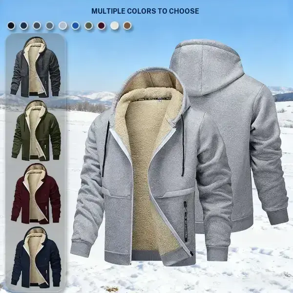 Men's Plus Size Solid Hoodie Jacket, Baggy Lamb Fleece Zip-Up Coat, Thick and Insulated for Autumn Winter