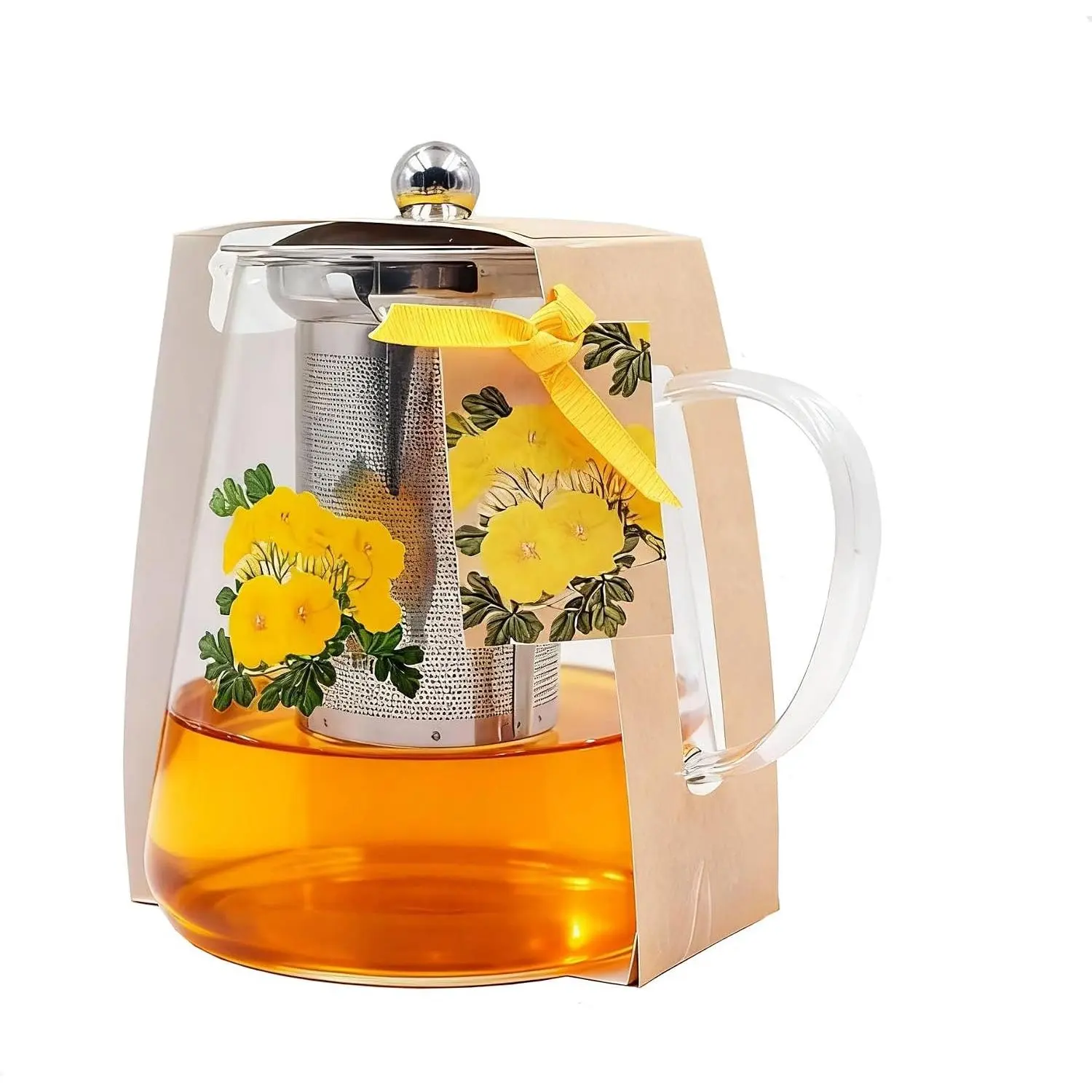 32OZ Borosilicate Glass Flower Tea Pot Set, Stovetop Safe High Temperature Resistant Clear Tea Kettle with Infuser, Ideal Gift for Tea Lovers for Home & Office Decor